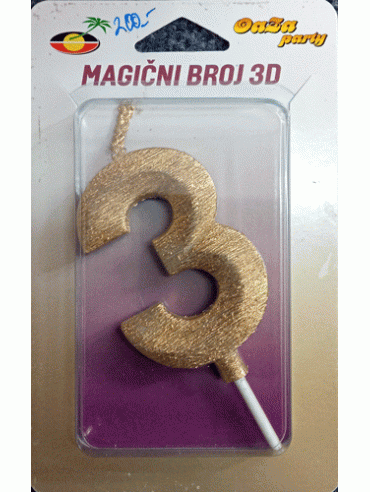 Svećica magični broj 3D 3 zlato