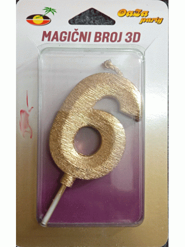 Svećica magični broj 3D 6 zlato
