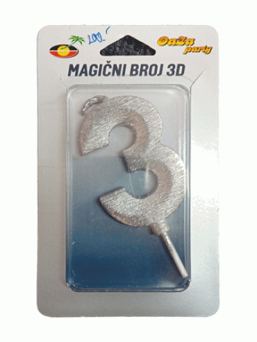 Svećica magični broj 3D 3 srebro